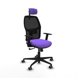 Chaise Alfera Synchro 4 positions tissu Violet Maille Noir Base en nylon noir Accoudoir 1D Appui-tête 2D Roulettes 65mm pour moquette