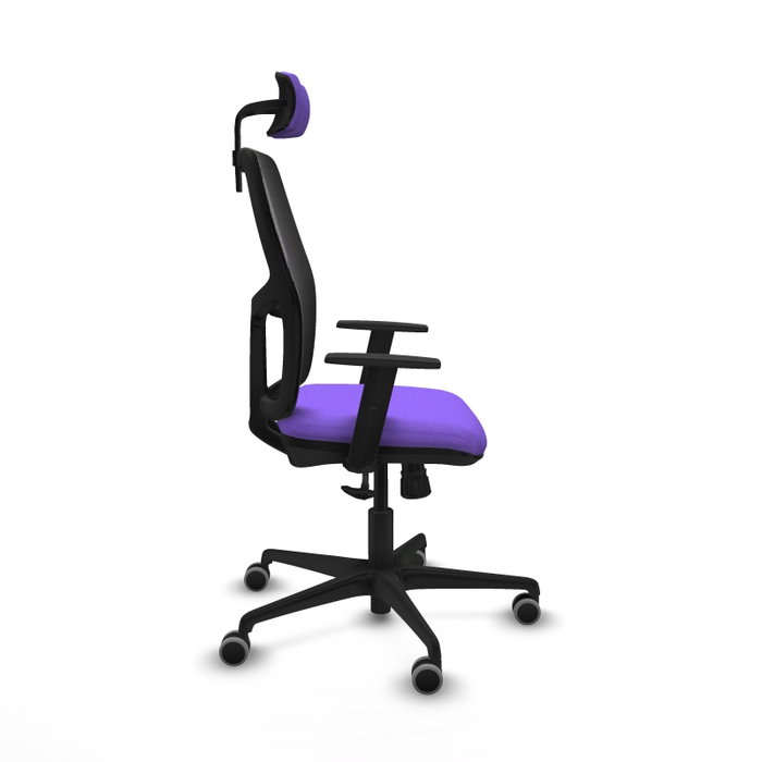 Chaise Alfera Synchro 4 positions tissu Violet Maille Noir Base en nylon noir Accoudoir 1D Appui-tête 2D Roulettes 65mm pour moquette