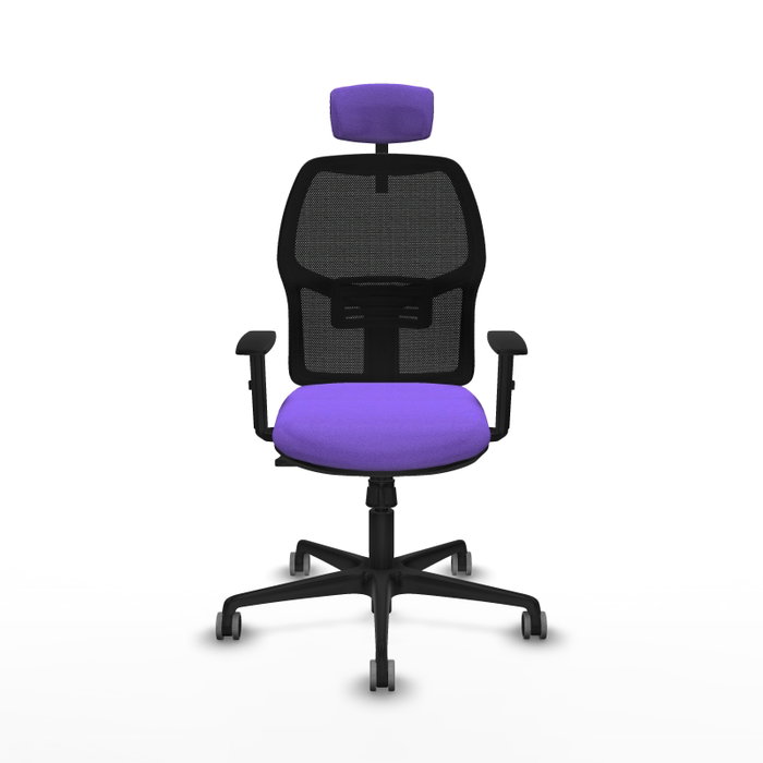 Chaise Alfera Synchro 4 positions tissu Violet Maille Noir Base en nylon noir Accoudoir 1D Appui-tête 2D Roulettes 65mm pour moquette