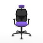 Chaise Alfera Synchro 4 positions tissu Violet Maille Noir Base en nylon noir Accoudoir 1D Appui-tête 2D Roulettes 65mm pour moquette