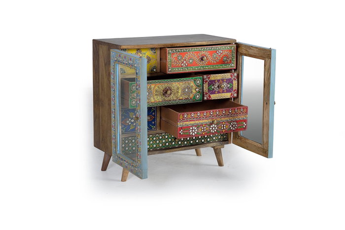 GINER Y COLOMER Commode en Bois de Mango 7 Tiroirs 2 Portes 62x60x30 cm Peinture Main Naturel Multicolore Artisanale