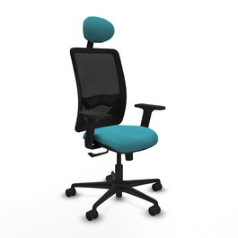 Chaise Zulema Synchro 3 positions tissu Turquoise Maille Noir Base en nylon noir Accoudoir 2D Appui-tête Roulettes 65mm nylon