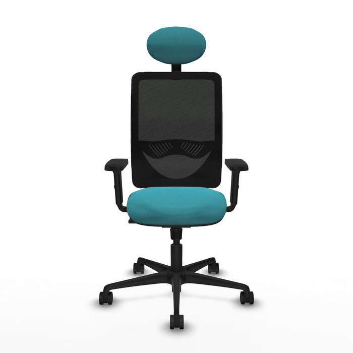 Chaise Zulema Synchro 3 positions tissu Turquoise Maille Noir Base en nylon noir Accoudoir 2D Appui-tête Roulettes 65mm nylon
