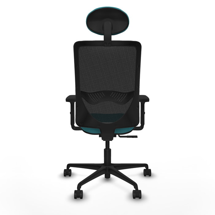 Chaise Zulema Synchro 3 positions tissu Turquoise Maille Noir Base en nylon noir Accoudoir 2D Appui-tête Roulettes 65mm nylon