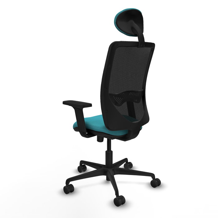 Chaise Zulema Synchro 3 positions tissu Turquoise Maille Noir Base en nylon noir Accoudoir 2D Appui-tête Roulettes 65mm nylon