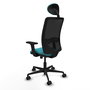 Chaise Zulema Synchro 3 positions tissu Turquoise Maille Noir Base en nylon noir Accoudoir 2D Appui-tête Roulettes 65mm nylon