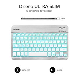 Subblim KBT-SMBL30 Clavier Bluetooth Rétroéclairé 7 Couleurs AZERTY Espagnol Ultra-Mince Argent