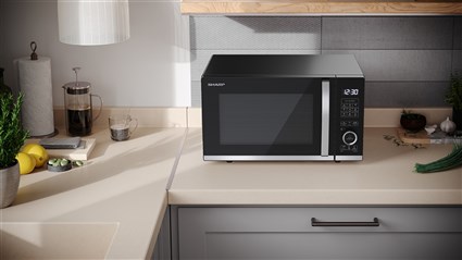 Sharp YC-QG204AE-B Four à micro-ondes digital avec grill 800W 20L, cavité plate sans plateau tournant, argenté
