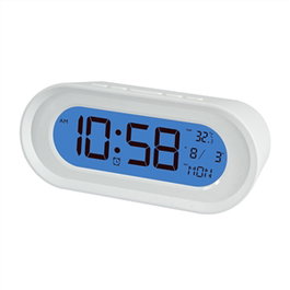 Elbe RD-701-B - Réveil blanc avec thermomètre et calendrier - Affichage LCD rétroéclairé bleu 11 cm - Alarme, snooze et compte à rebours