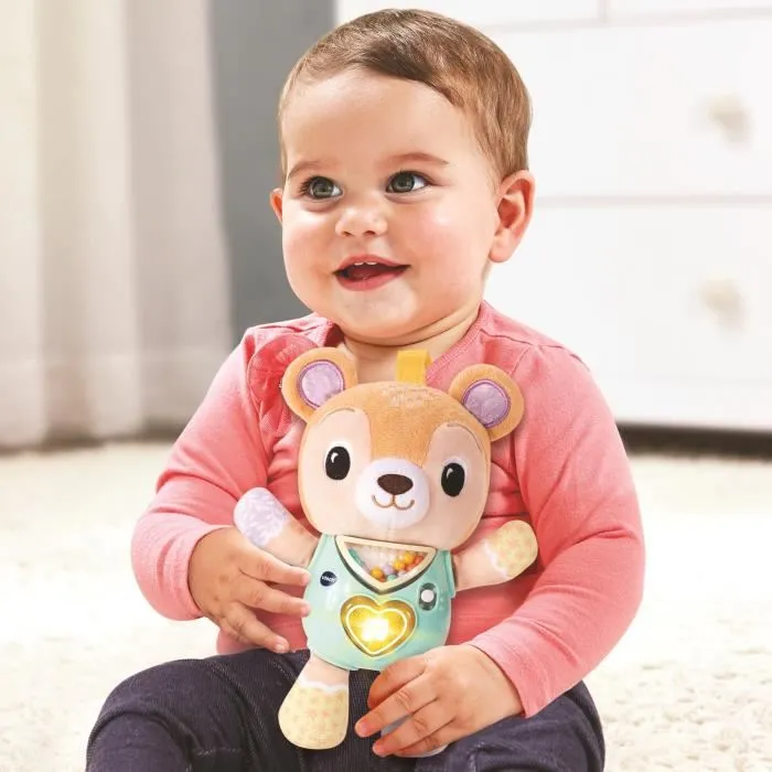 Vtech Baby Vtech-Lumi Chant'Ourson - Hochet d'éveil musical et lumineux en tissu pour bébé, bouton cœur avec phrases et billes sonores