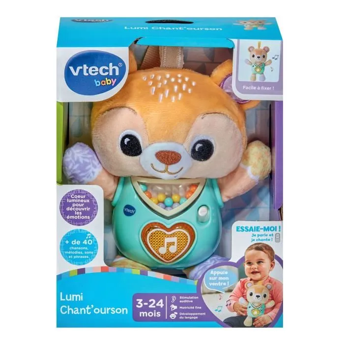 Vtech Baby Vtech-Lumi Chant'Ourson - Hochet d'éveil musical et lumineux en tissu pour bébé, bouton cœur avec phrases et billes sonores
