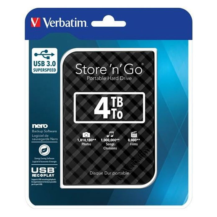 Disque Dur Externe Verbatim Disco Duro Portátil Store 'n' Go USB 3.0 de 4 TB en color Negro USB 3.0 Disque Dur Externe Verbatim Disco Duro Portátil Store 'n' Go USB 3.0 de 4 TB en color Negro USB 3.0
