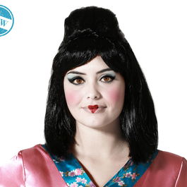 Perruque Traditionnelle Chinoise Femme Noire avec Chignon et Décor Rouge, 130 Grammes, Pour Carnaval et Fêtes Déguisées