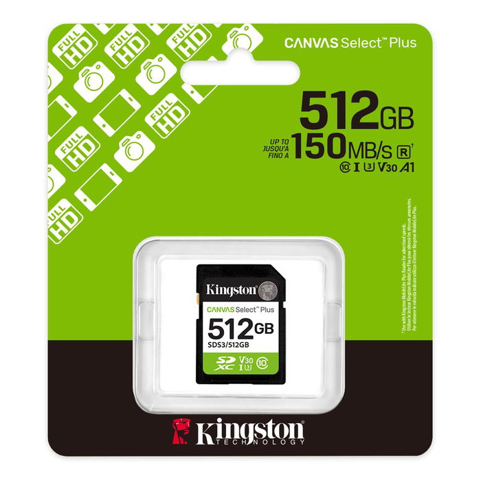 Kingston Canvas Select Plus Carte Mémoire SDXC 512 Go Classe 10 UHS-I U3 V30 150Mo/s Kingston Canvas Select Plus Carte Mémoire SDXC 512 Go Classe 10 UHS-I U3 V30 150Mo/s