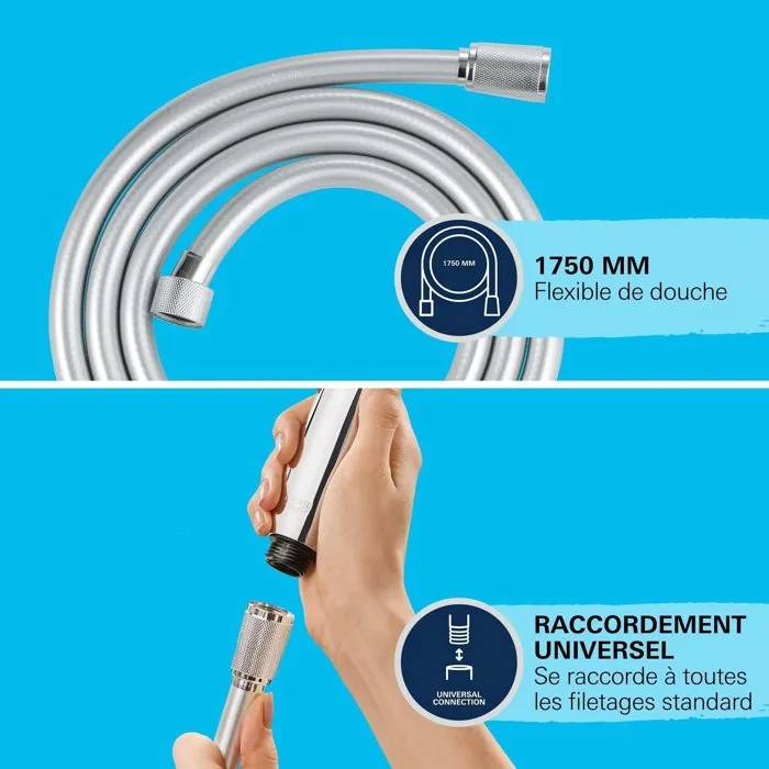 Grohe Flexible de Douche 27506001, 1750 mm en Métal Chromé, Universel, Anti-Pliures, pour Douchette ou Pommeau