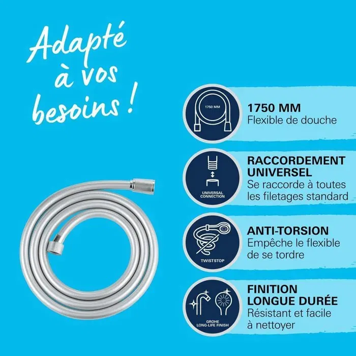 Grohe Flexible de Douche 27506001, 1750 mm en Métal Chromé, Universel, Anti-Pliures, pour Douchette ou Pommeau