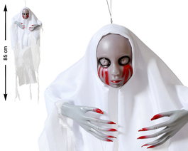 Spectre Suspendu avec Visage Gris et Larmes de Sang 85 cm - Décoration Effrayante pour Fêtes d'Halloween et Ambiance Gothique