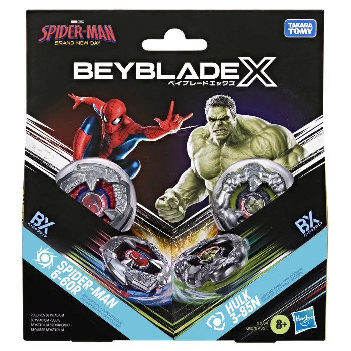 Beyblade X et Marvel Spider-Man 6-60R contre Hulk 3-85N avec 2 lanceurs Beyblade X et Marvel Spider-Man 6-60R contre Hulk 3-85N avec 2 lanceurs
