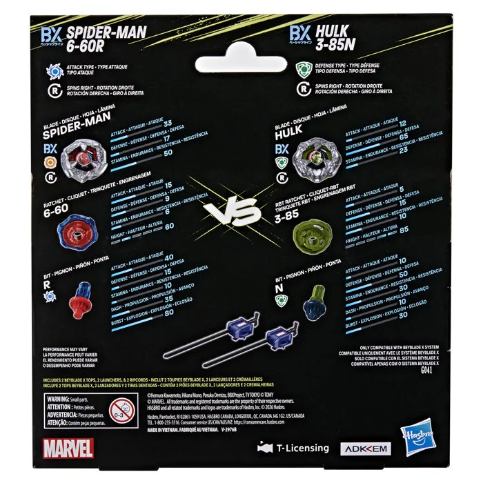 Beyblade X et Marvel Spider-Man 6-60R contre Hulk 3-85N avec 2 lanceurs Beyblade X et Marvel Spider-Man 6-60R contre Hulk 3-85N avec 2 lanceurs