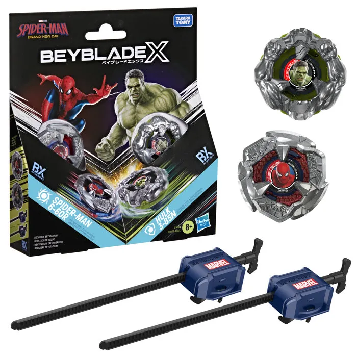 Beyblade X et Marvel Spider-Man 6-60R contre Hulk 3-85N avec 2 lanceurs Beyblade X et Marvel Spider-Man 6-60R contre Hulk 3-85N avec 2 lanceurs