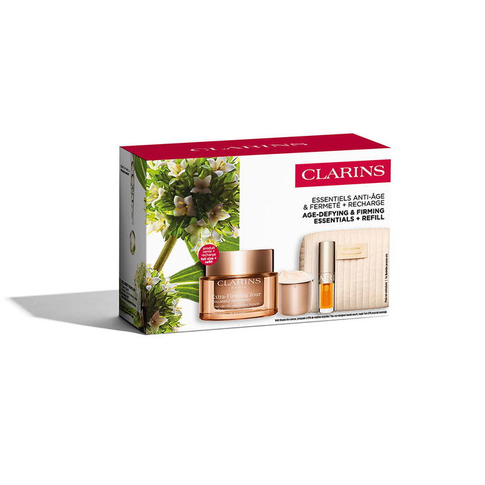 Clarins Crème Extra-Fermeté Anti-Âge Visage avec Fleur de Kangourou Bio - Lot de 4 pièces : Crème 50ml, Recharge, Huile Lèvres, Trousse Clarins Crème Extra-Fermeté Anti-Âge Visage avec Fleur de Kangourou Bio - Lot de 4 pièces : Crème 50ml, Recharge, Huile Lèvres, Trousse