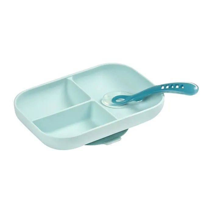 Beaba Set Repas Bébé, Assiette en Silicone Compartimentée à Ventouse Anti-dérapante avec Cuillère, Bleu