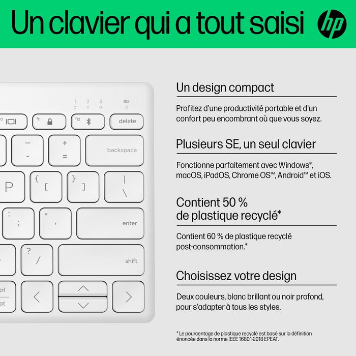 HP 350 Clavier Bluetooth Multi-périphériques Compact Blanc HP 350 Clavier Bluetooth Multi-périphériques Compact Blanc