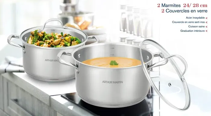 Arthur Martin AM0155 - Set de 2 Marmites Inox avec couvercles verre, Ø 24-28 cm - Compatible tous feux dont induction