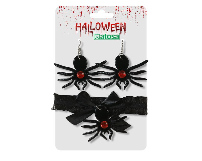 Atosa Collier et Boucles d'Oreilles Araignée avec Détails Rouges pour Déguisement Halloween