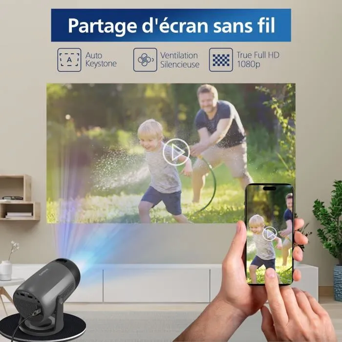 Philips NeoPix 150 Vidéoprojecteur Full HD 1080p avec Wi-Fi Screen Mirroring, HDMI et USB-C pour films, jeux et présentations jusqu'à 80 pouces - Noir