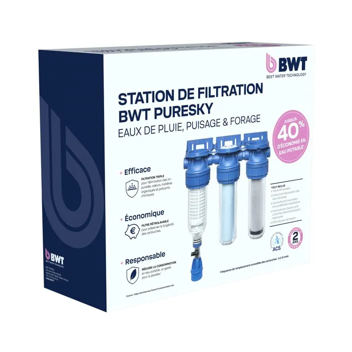 BWT Station de filtration Triplex PURESKY 50 µm rétro-lavable + ARCTIC 20 µm + PUREBLOCK 10 µm pour eau non alimentaire