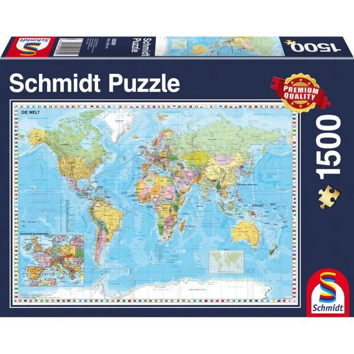 Schmidt Spiele - Puzzle Planisphere 1500 Pièces - Voyage et Cartes du Monde - 85x60 cm - Bleu - À Partir de 12 Ans