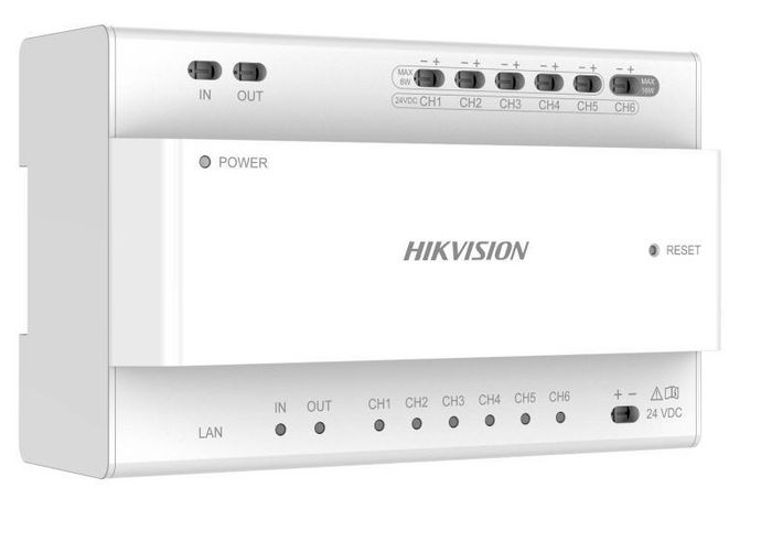 Hikvision DS-KAD Distributor RJ-45 6 ports deux fils pour interphones avec montage rail Din 24 VDC Hikvision DS-KAD Distributor RJ-45 6 ports deux fils pour interphones avec montage rail Din 24 VDC