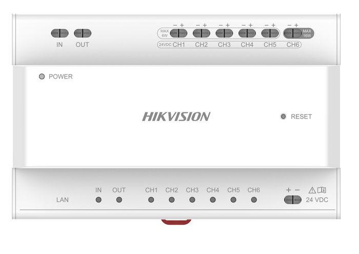 Hikvision DS-KAD Distributor RJ-45 6 ports deux fils pour interphones avec montage rail Din 24 VDC Hikvision DS-KAD Distributor RJ-45 6 ports deux fils pour interphones avec montage rail Din 24 VDC