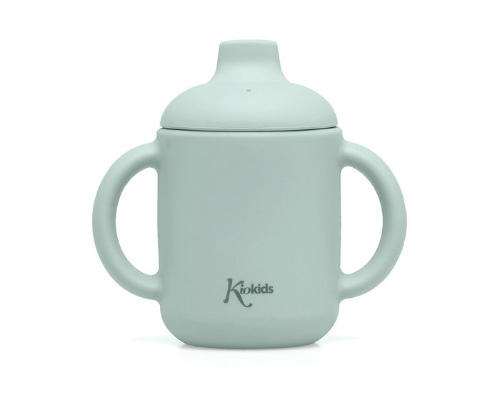 KioKids - Tasse d'apprentissage en silicone pour bébé 120 ml, avec anses et bec, résistante au lave-vaisselle et micro-ondes, couleur sauge, collection Little sauvages