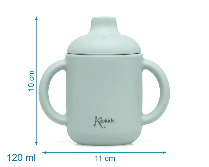 KioKids - Tasse d'apprentissage en silicone pour bébé 120 ml, avec anses et bec, résistante au lave-vaisselle et micro-ondes, couleur sauge, collection Little sauvages