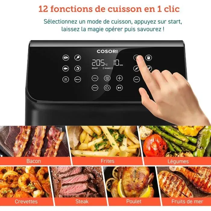 COSORI Friteuse sans huile Air Fryer Premium II Chef Edition 6,2L 12 programmes - 1700W avec 50 papiers cuisson - Noir