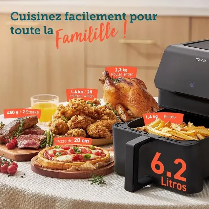 COSORI Friteuse sans huile Air Fryer Premium II Chef Edition 6,2L 12 programmes - 1700W avec 50 papiers cuisson - Noir