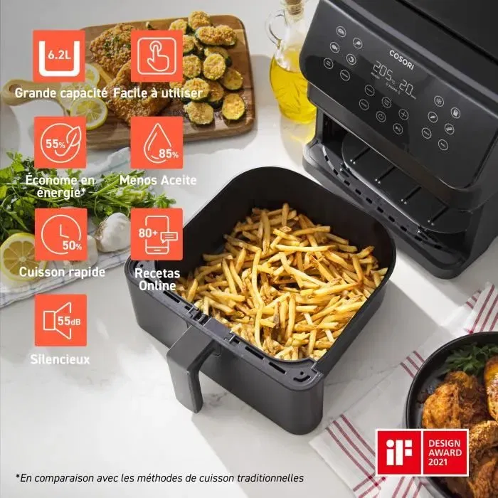 COSORI Friteuse sans huile Air Fryer Premium II Chef Edition 6,2L 12 programmes - 1700W avec 50 papiers cuisson - Noir