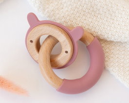 KioKids Anneau de dentition lapin en bois et silicone rose