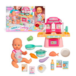 Nenuco - Cuisinette Magique Famosa NFNE3000 - Poupée de 30 cm avec accessoires de cuisine, lumières et sons réalistes - Jeu d'imitation pour enfants dès 3 ans