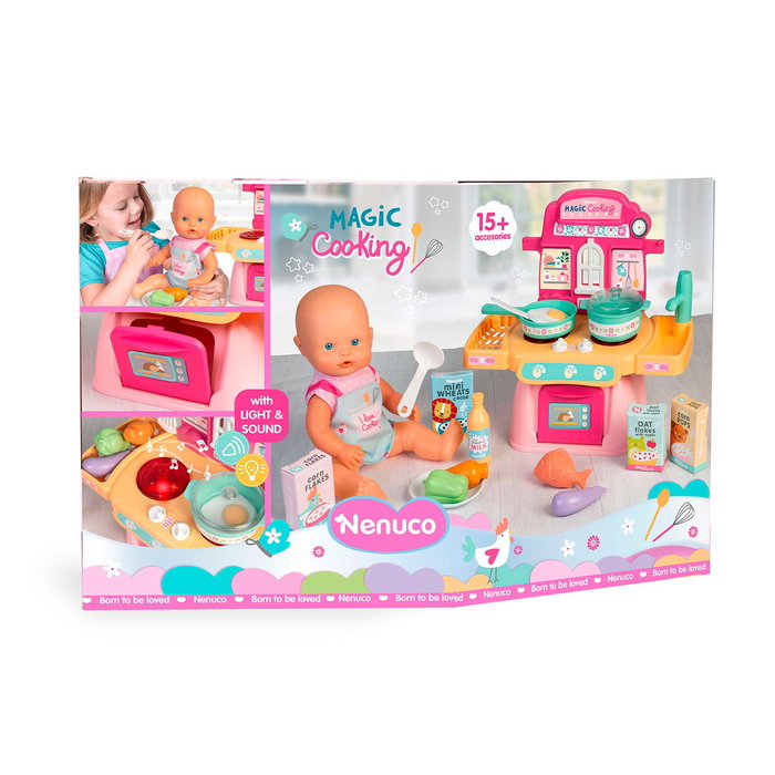 Nenuco - Cuisinette Magique Famosa NFNE3000 - Poupée de 30 cm avec accessoires de cuisine, lumières et sons réalistes - Jeu d'imitation pour enfants dès 3 ans