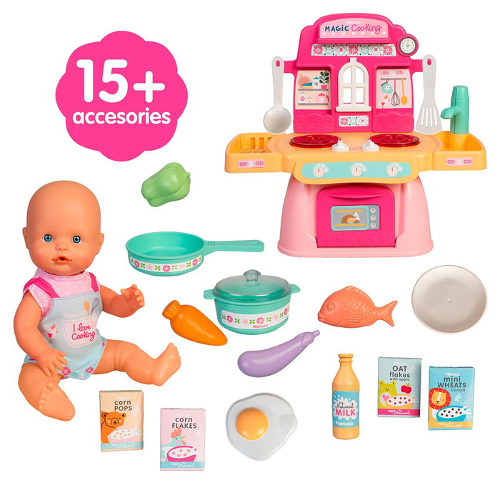 Nenuco - Cuisinette Magique Famosa NFNE3000 - Poupée de 30 cm avec accessoires de cuisine, lumières et sons réalistes - Jeu d'imitation pour enfants dès 3 ans