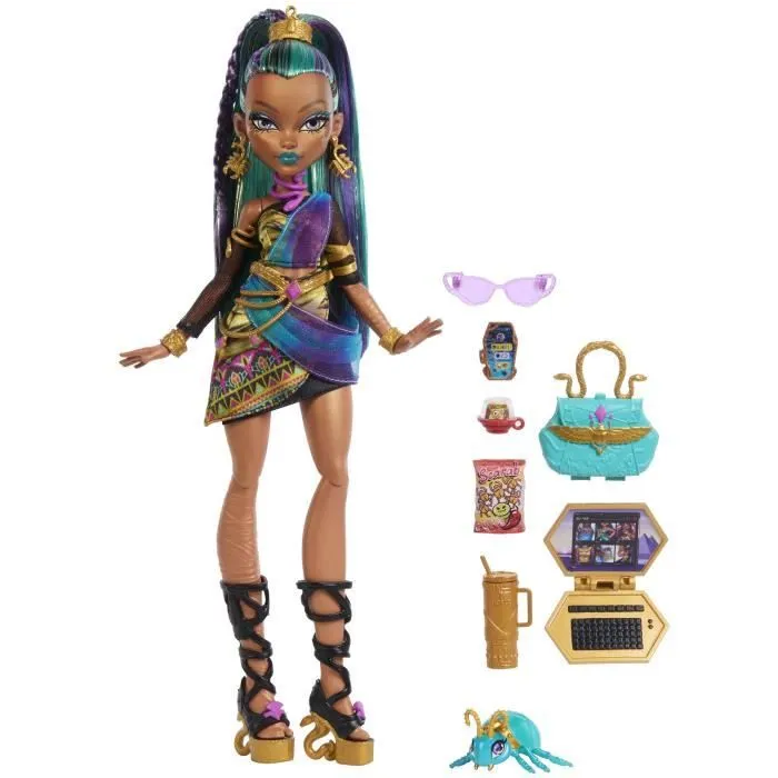 Monster High Poupée Nefera De Nile JDR48 - Poupée Momie avec 7 Accessoires et Scarabée Lavish - Jouet Enfant dès 4 ans Monster High Poupée Nefera De Nile JDR48 - Poupée Momie avec 7 Accessoires et Scarabée Lavish - Jouet Enfant dès 4 ans