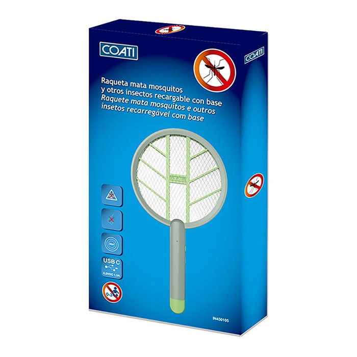 Coati Raquette électrique anti-moustiques, rechargeable USB-C, double fonction raquette/base UV, couverture 30 m², gris/vert Coati Raquette électrique anti-moustiques, rechargeable USB-C, double fonction raquette/base UV, couverture 30 m², gris/vert