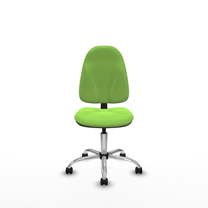 Chaise de bureau Algarra avec mécanisme de contact permanent de base, rembourrée de tissu couleur pistache. Équipée d'une base chromée, sans accoudoirs et de roulettes en nylon de 50 mm.