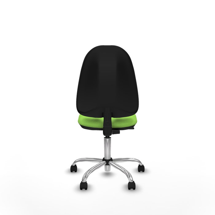 Chaise de bureau Algarra avec mécanisme de contact permanent de base, rembourrée de tissu couleur pistache. Équipée d'une base chromée, sans accoudoirs et de roulettes en nylon de 50 mm.
