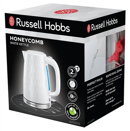 Russell Hobbs 26050-70 Hervoir électrique 1,7 L avec fonction ébullition rapide (55s), design Honeycomb blanc et bec en acier inoxydable