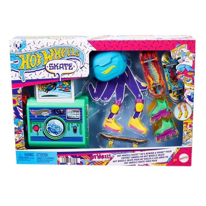 Hot Wheels Pack Skate 90s Rewind et Grind HXP57 - 3 patinettes rétro avec rampe transformable et chaussures interchangeables - Version multilingue