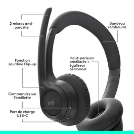 Logitech Zone 300 - Casque sans fil Bluetooth avec microphone anti-parasite Beamforming - Noir
